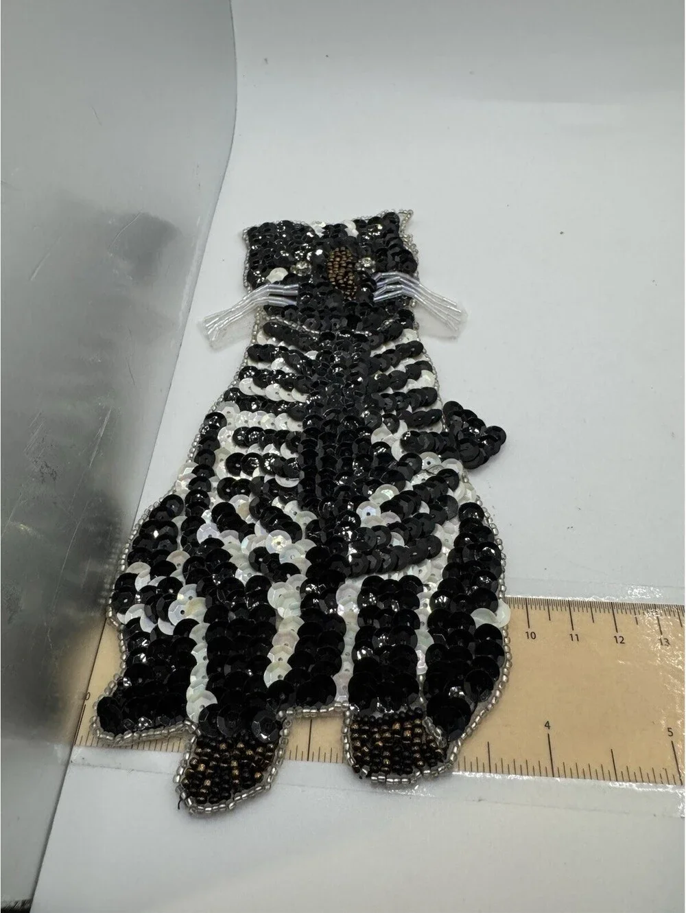 Sequined & Beaded Black And White Cat Sew On Patch NOS